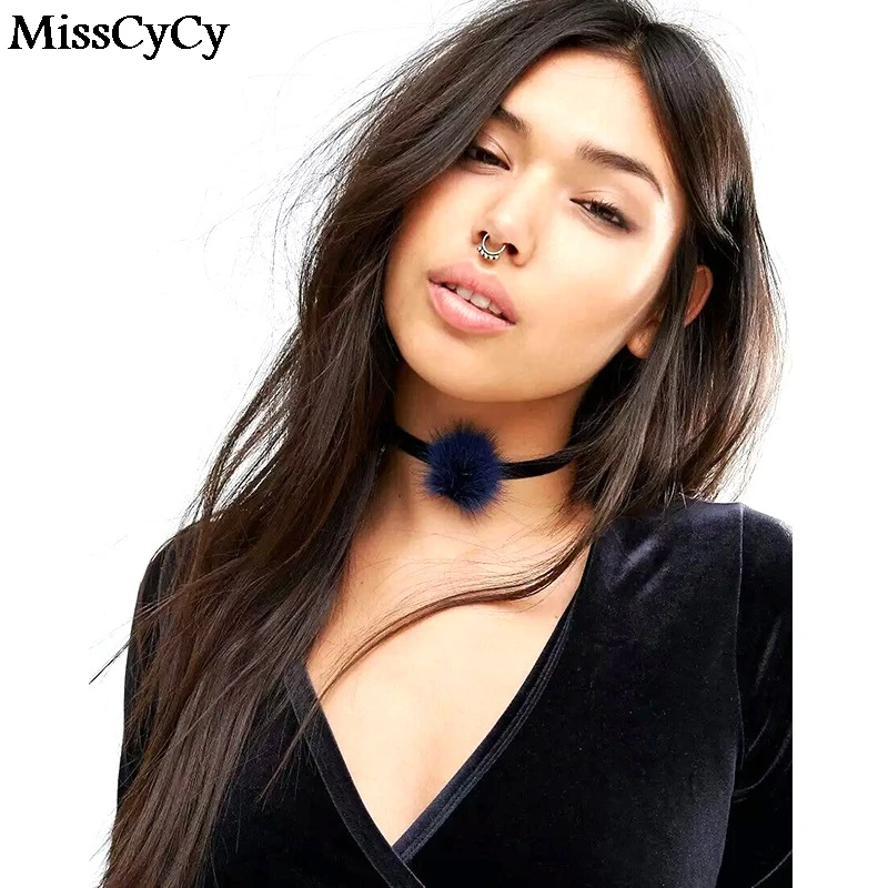 MissCyCy Черный Бархатный чокер женское ожерелье бохо Готический мех 2016 Воротник