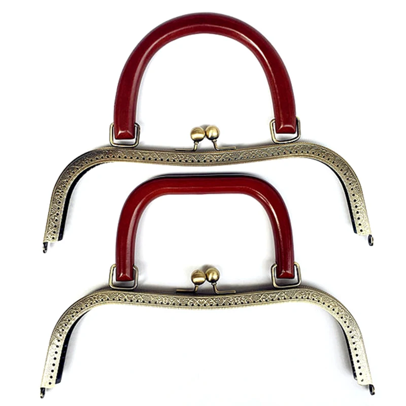 

1Pc Coffee Wood Handle Bronze Tone Metal Frame Clutch Purse Kiss Clasp Lock Handbag Handle Accessories 27cm
