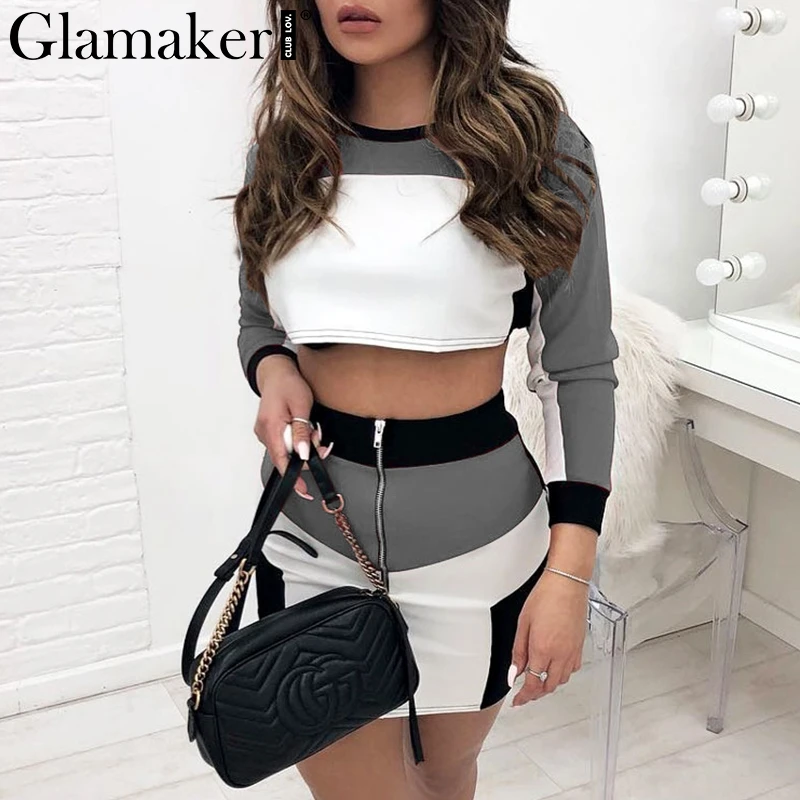 

Glamaker Sexy black two-piece suit bodycon dress Women spring long sleeve crop mini dress Female elegant party club dress summer