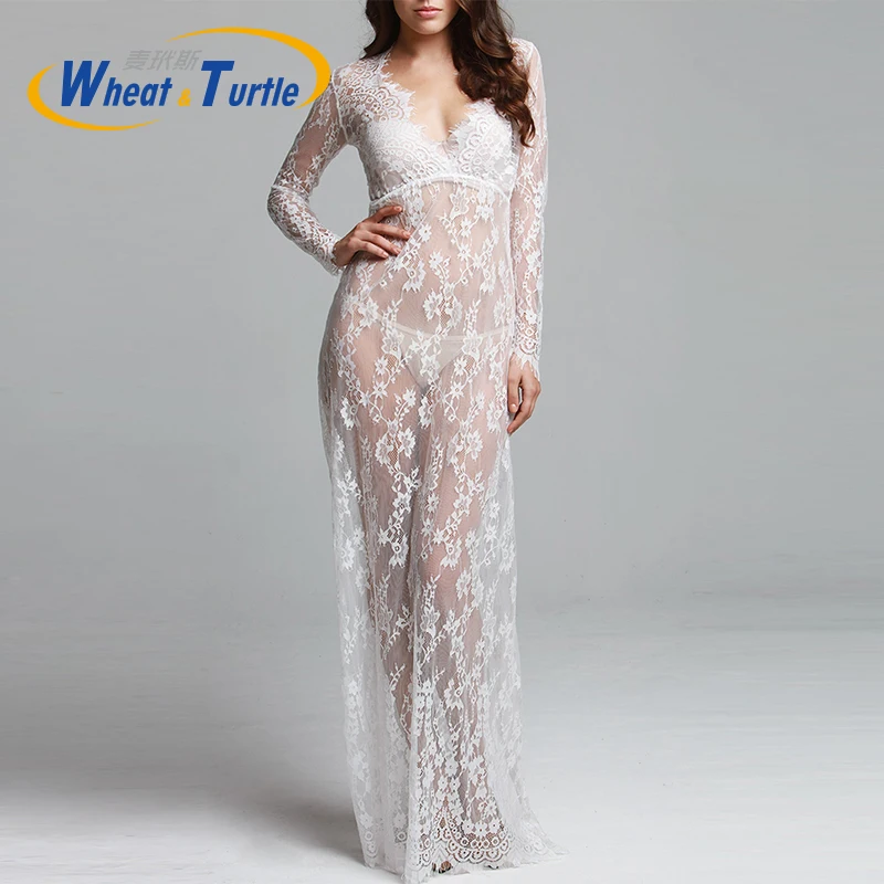 

White Lace Beach Dress Long Lace Dress Pregnant Dress Women Pregnant Photography Props Transparent Lace Dress Pregnancy Pajamas