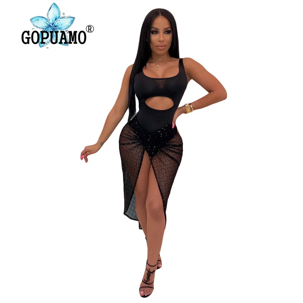 

Sheer Mesh Patchwork Sexy 2 Piece Set Summer Clothes For Women Cut Out Backless Beach Bodysuit And Se Through Maxi Skirt Outfit