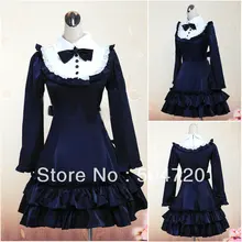 С длинным рукавом синий хлопок Готическая Школа Лолита платье/викторианское платье/костюм на Хэллоуин