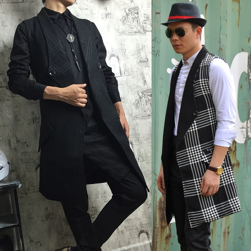 

2017 New autumn men's Long outerwear long design black and white check no button vest turn-down collar slim vest singer costumes