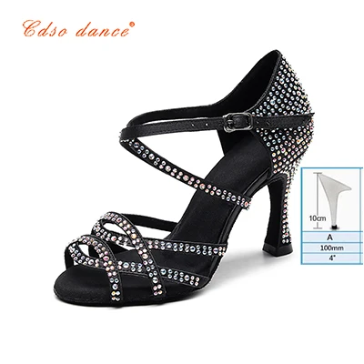 Cdsodance female black satin Latin dance shoes women's Rhinestones Salsa party Wedding shoes10cm high heeled soft outsole - Цвет: Black 10cm heel