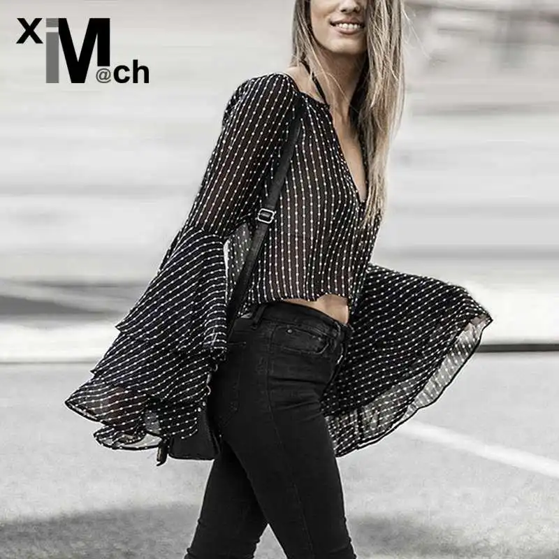 

xiM&M@ch New Sweet Chiffon Blouse Cascading Ruffles Long-sleeve Striped Print Chiffon Black Blouse Short-length Tops BL09886E