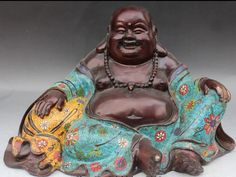 

China Purple Bronze Cloisonne Happy Laugh Smile Maitreya Buddha Money Bag Statue