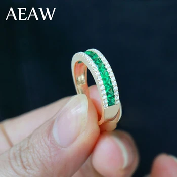 AEAW Lab created Colombian Green Emerald Princess Gemstone Solitaire with Moissanite Enagement Ring 14k White Gold Fine Ring 2