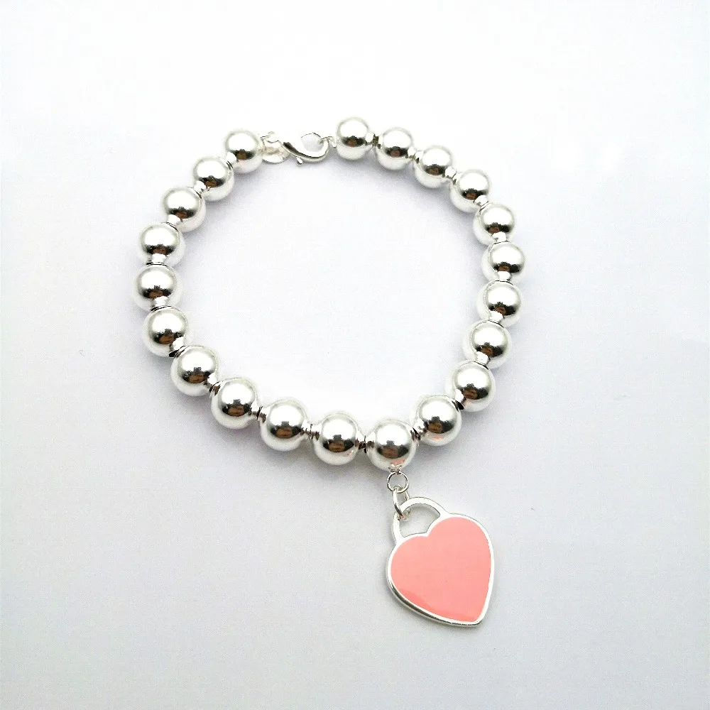 

TIFF100%925 sterling silver classic symbol pink heart-shaped enamel round pearl beads bracelet lady fashion jewelry gifts