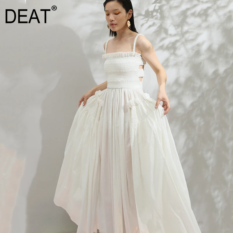 

[DEAT] 2019 New Summer Strapless Back Hollow Out Square Pleated Slim Big Hem White Temperament Dress Women Fashion JF54