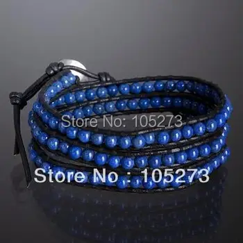 

New Arriver Chirstmas Party Gift Jewellery ! Natural Blue Lapis Wrap Bracelet On Brown Leather 4mm Round 3Rows New Free Shipping