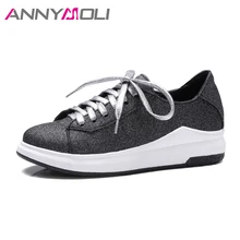 ANNYMOLI Women Platform Sneakers Flat Creepers Lace Up Casual School Shoes Spring Flats Female Footwear 2018 Black Big Size 9 42