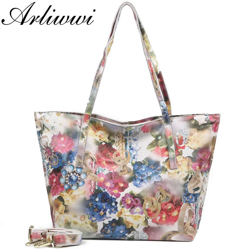 

Arliwwi Brand Designer Shiny Flower Casual 100% Real Leather Women Large Shoulder Bags New Floral Genuine Leather Handbags