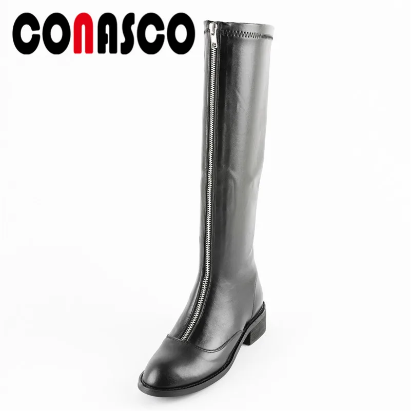 

CONASCO New Women Knee High Boots Thick Heels Zipper Autumn Winter Motorcycle Boots Round Toe Fashion Martin Shoes Woman