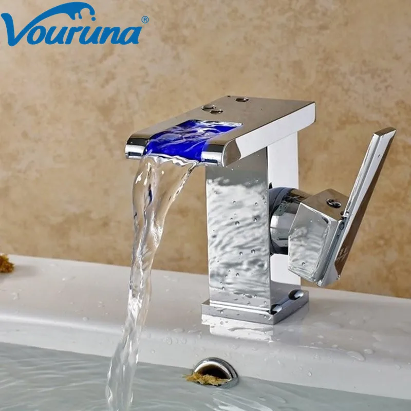 

Vouruna No Need Battery Led Light Waterfall Bathroom Faucet Colorful Cascade Spout Basin Sink Mixer Tap