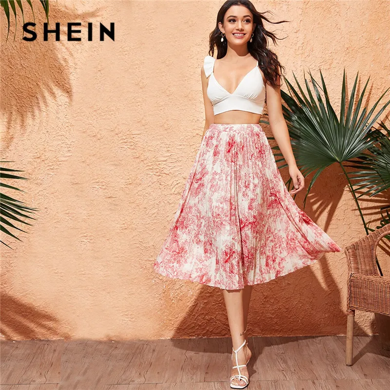 SHEIN, Женская плиссированная юбка с пейзажным принтом, весна-лето, Boho, высокая талия, длинные юбки для дам, трапециевидная элегантная юбка миди