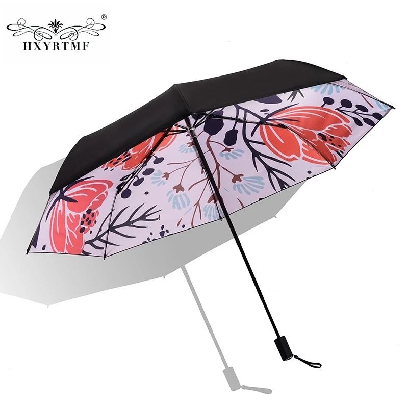 Creative Printed Black Vinyl Anti UV 3 Folding Women Umbrella Sunny