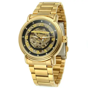 

Extravagant Royal Design Carving Golden Men Watches WINNER Luxury Classical Skeleton Automatic Wristwatch Roman Number Clock