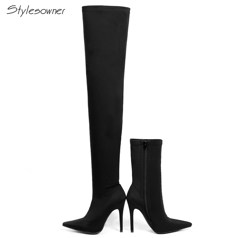 

Stylesowner Elastic Stretch High Heel Boots Thigh Over The Knee Boots Pointed Toe Slim Short and Long Sock Boots Stiletto Botas