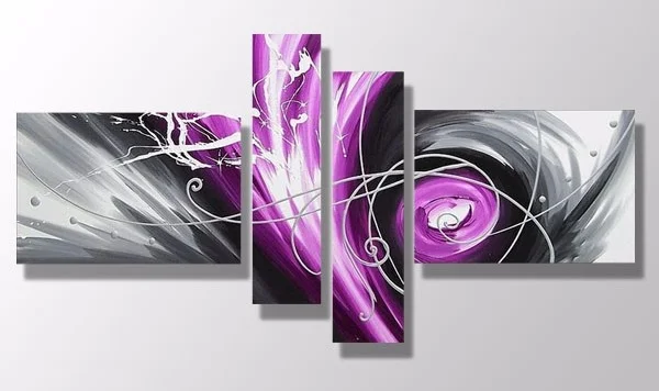 4 Panels Modern Abstract Oil Painting Purple and Grey Wall Art Handmade ...