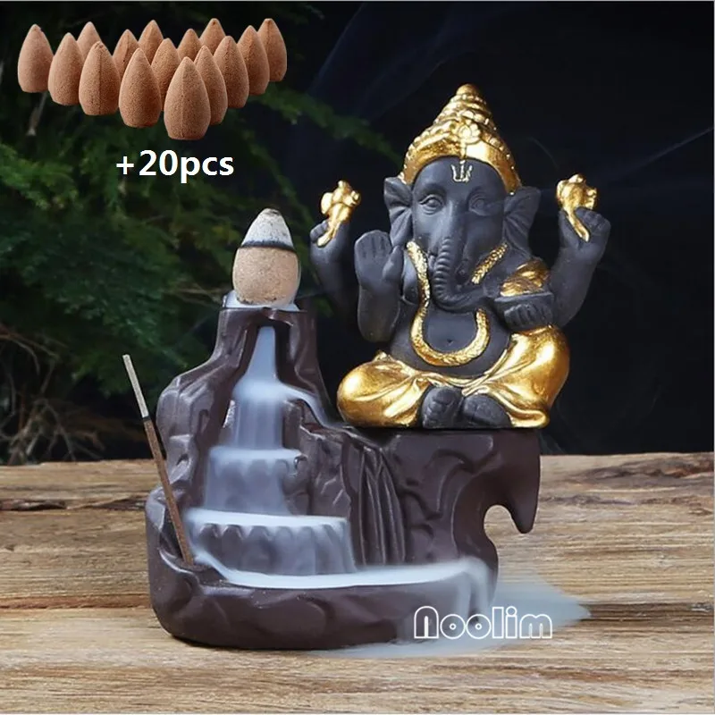 NOOLIM Ganesha горелка для благовоний с обратным потоком слон Бог эмблема благоприятный и успех керамическая конусная кадильница домашний декор с 20 шт. конусами - Цвет: Gold A -Sandalwood
