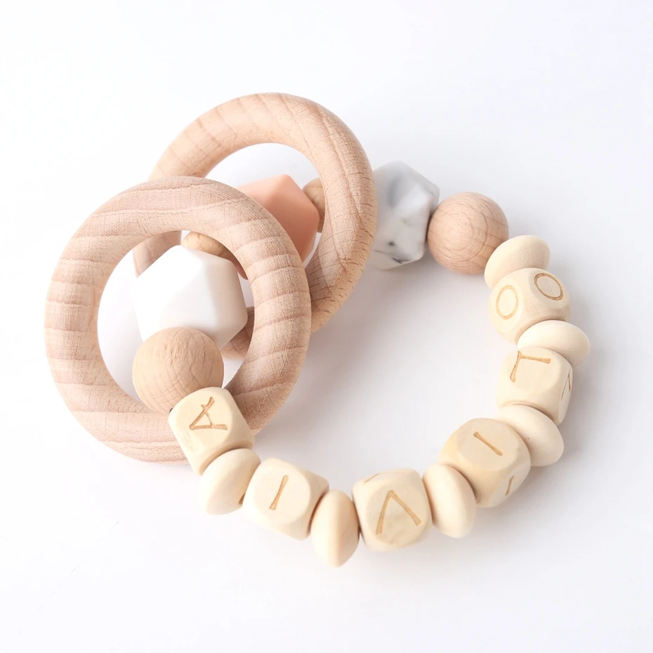 

Let's Make 1PC Customize Name Baby Personalized Jewelry Natural Beech Wooden Silicone Hex Beads Infant Teether Bracelet