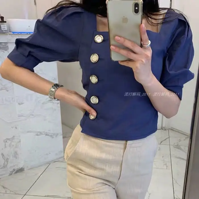 RUGOD New Arrival Women Solid Slim Shirt Square Collar Half Puff Sleeves Single-breasted Blouse Korean Temperament Tops