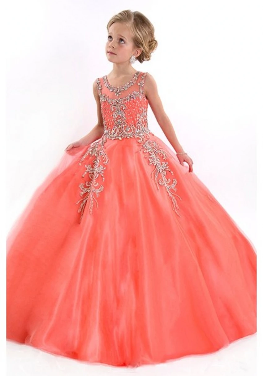 2015 filles Pageant robes pour les petites filles princesse Tulle cristal Coral Flower Girls robes pour