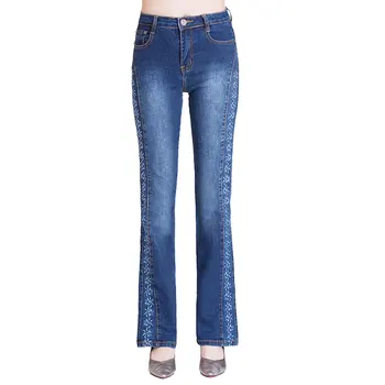 

Jeans Embroidery Women High Waist Plus Size Flare Pants Bleached Full Length Wide Leg Denim Slim Vintage Design Trousers Female
