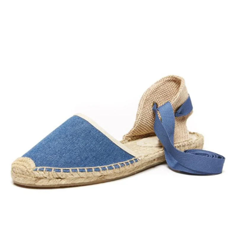 TINGHON/Новинка года; модные летние парусиновые женские эспадрильи; сандалии на платформе с ремешком на щиколотке; женские сандалии на плоской подошве со шнуровкой в полоску - Цвет: Blue