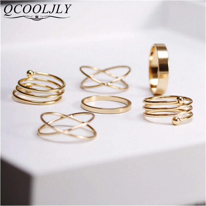 QCOOLJLY 6 шт Панк золотого цвета штабелируемые кольца миди для женщин набор колец