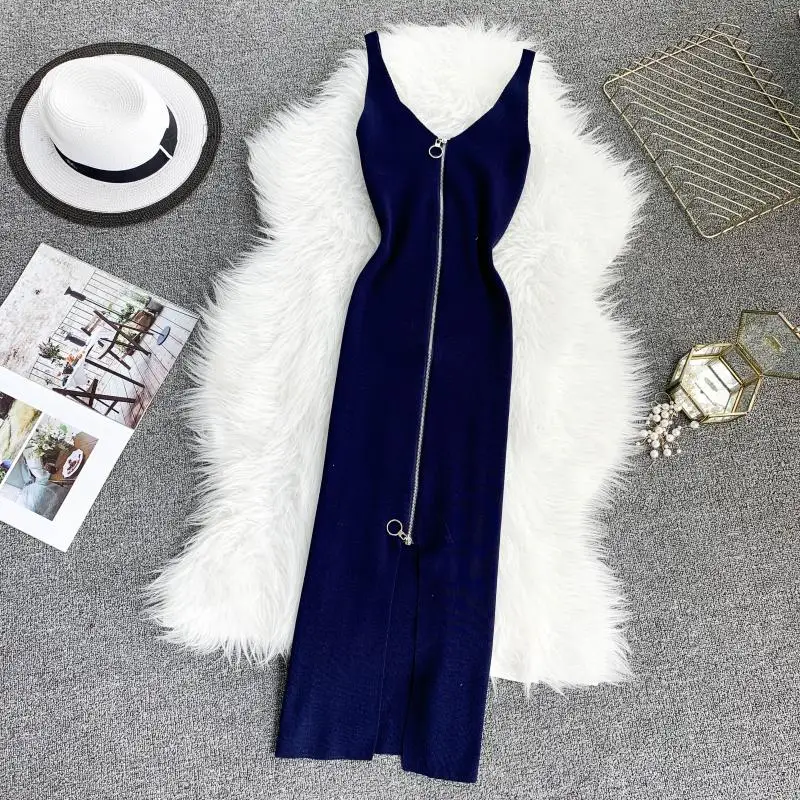 

New Slim Sexy V Neck Summer Zipper Knit Cotton Bodycon Midi Long Dress Party Women Elastic Club Casual Sheath Tank Vestidos