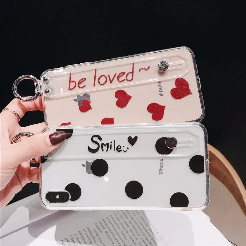 

Case For iPhone Xr X Xs Max Cover Korean Love Heart Transparent Capa Girly Wristband Stand Case For iPhone 7 8 Plus 6S Plus Case