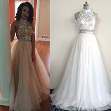 2016 neue Zwei Stücke Kristall Perlen Prom Kleider Sexy High Neck Crop Top Open Back Party Kleider Nude Tüll Lange Abendkleider