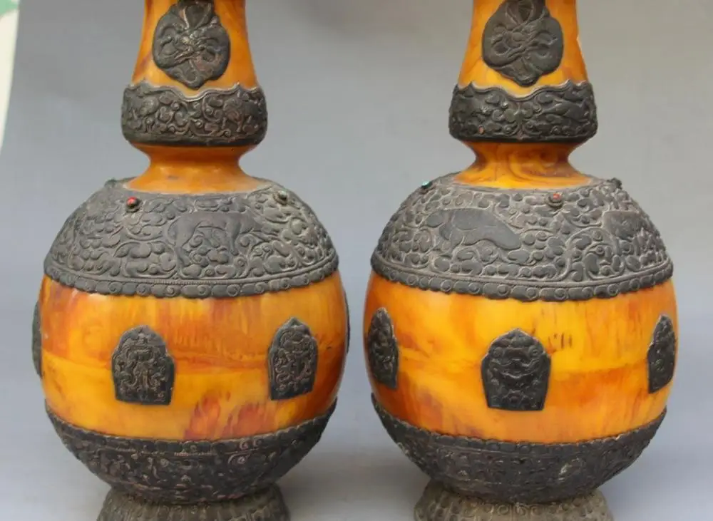 

12" Beeswax Inlay Pure Silver 8 Auspicious Symbol Collected Bottle Vase Pair