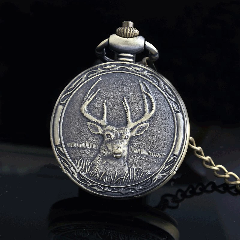 

New Fashion Vintage Lovely Deer Roman Numbers Quartz Pocket Watches Pendant Necklace Fob Chain Men Women Watches Gift