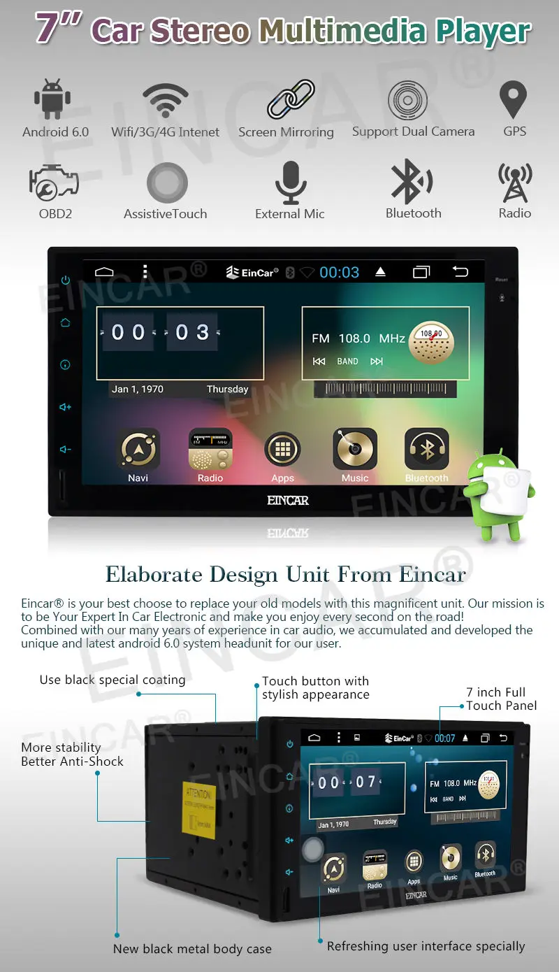 Sale Android 6.0 Double Din Car Stereo QUAD CORE Bluetooth GPS Navi Radio USB In Dash 3