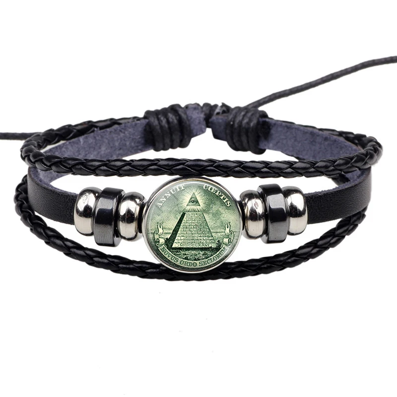 

Fashion Vintage Charm Pyramid All Seeing Eye Black Woven Jewelry Leather Bracelet Eye of Providence Bangle Egyptian Men Women