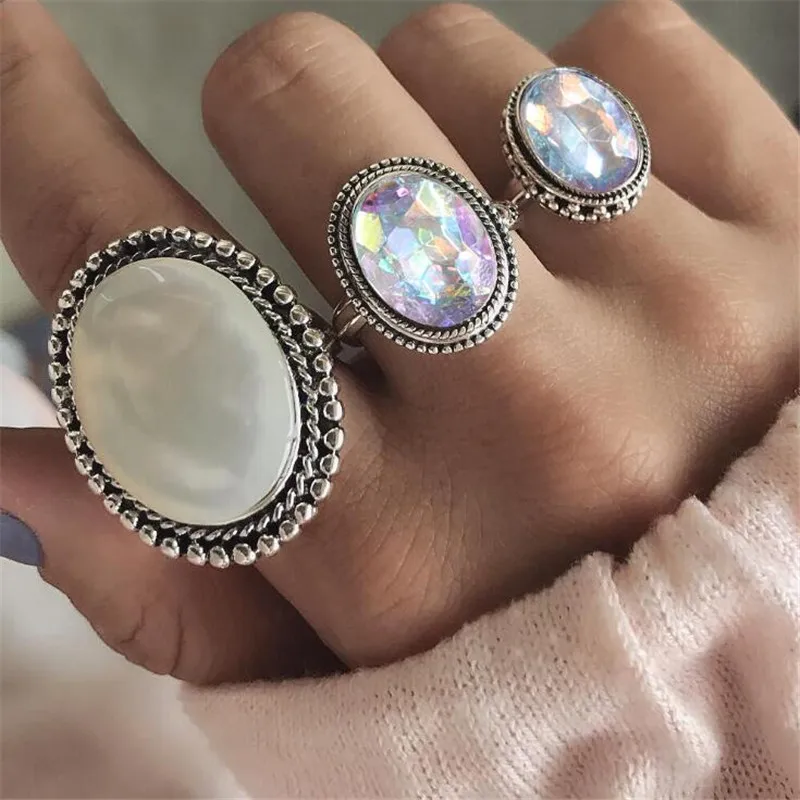 Iffurmon Fashion White Stone Bridal Finger Ring Set Statement Silver