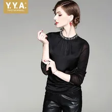 Новинка года; сезон осень-зима; женские топы; модная женская футболка с бусинами и стоячим воротником; элегантные облегающие топы с длинными рукавами; большие размеры