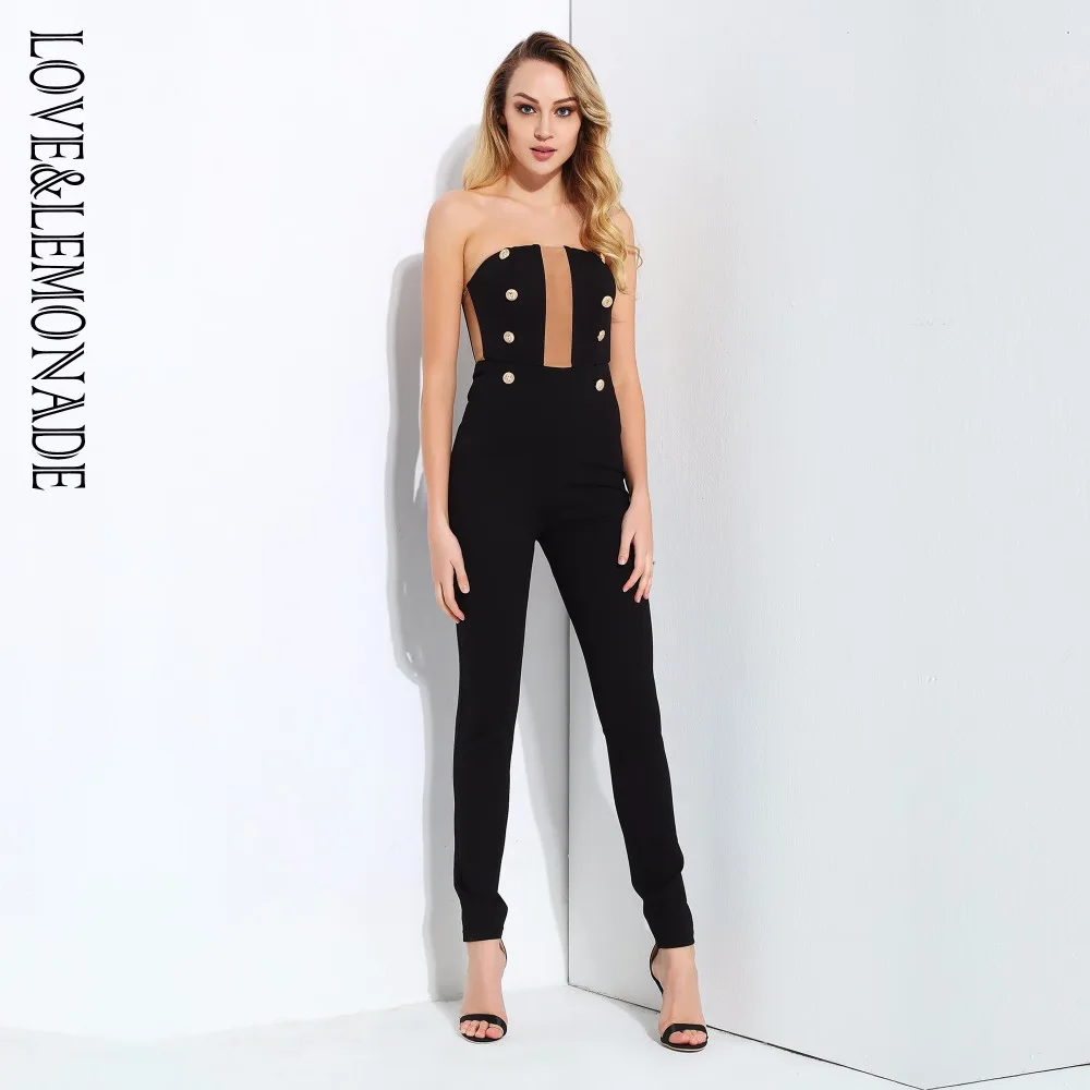 

Love&Lemonade Black Mesh Stitching Gold Buttons Slim Jumpsuit LM0822