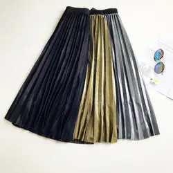 Осенняя Женская металлическая вспышка blingbling плиссированная юбка с высокой талией длинная секция яркий цвет позолоченная Высокая талия