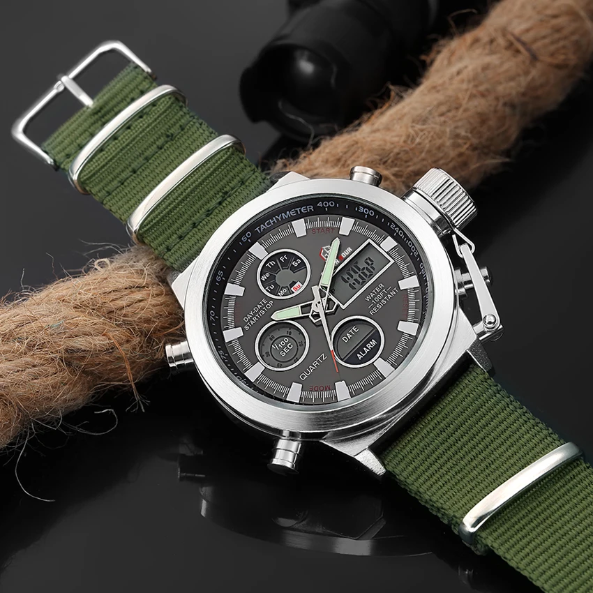Günstige GOLDENHOUR Sport Männer Armbanduhr Mode Männer Quarzuhr Nylon Strap Woche Display Armee Military LED Uhr Relogio Masculino