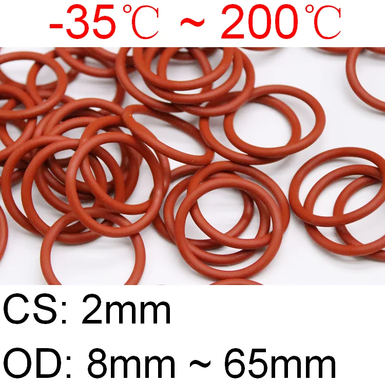 

10pcs VMQ O Ring Seal Gasket Thickness CS 2mm OD 8 ~ 65mm Silicone Rubber Insulated Waterproof Washer Round Shape Nontoxi Red