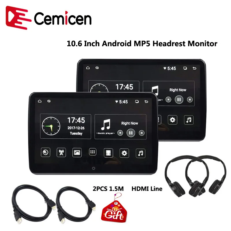 

Cemicen 10.6 Inch Android 6.0 Car Headrest Monitor 1920*1080 HD 1080P Video IPS Touch Screen WIFI USB/SD/HDMI/IR/Bluetooth/FM