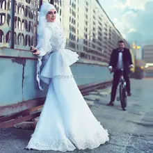 Long Sleeve Mermaid Hijab Muslim Wedding Dress with Lace Appliques Bridal Gown robe de mariage