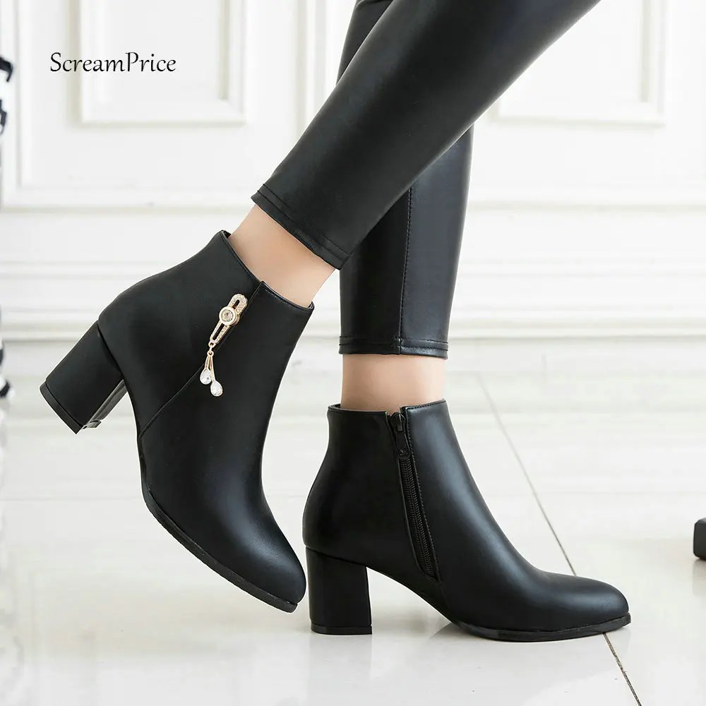 

Women Crystal Boots Thick Heel Ankle Boots Zipper Pointed Toe Fashion Boots Autumn Winter Shoes Plus Size 43 2018 White Black