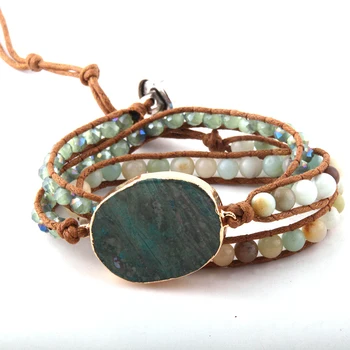 

Fashion Beautiful Fashion Stone/Glass Crystal Long Stone Link Wrap Bracelet 3 Wraps Leather Bracelet For Women