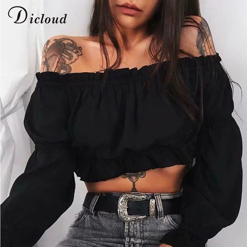 

DICLOUD Off Shoulder Sexy Long Sleeve Spring Cropped Blouses Women Casual Solid Shirt Summer Streetwear Party Top Female