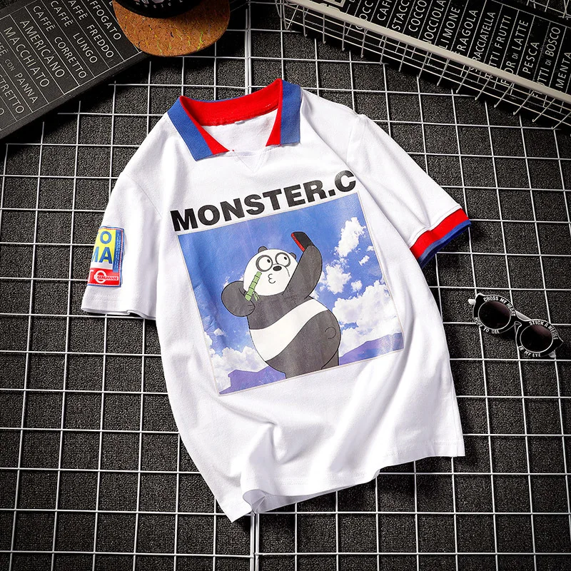 M-5XL Мужская футболка Selfie Panda Animal Лето Turn-Down Воротник Повседневная унисекс с коротким рукавом 95% хлопок Забавные футболки - Цвет: white