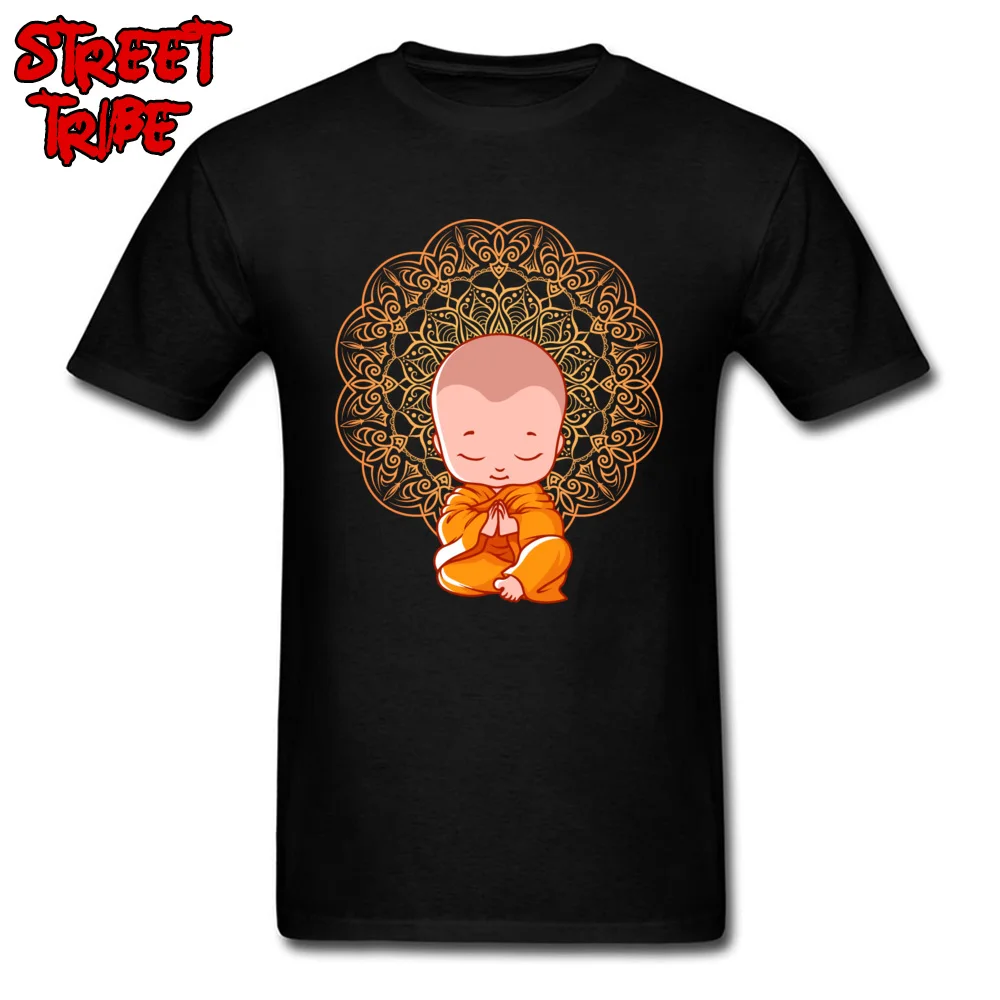Tops T Shirt Thanksgiving Day Round Collar 100% Cotton Mens T Shirts cartoon buddhism monk little buddha Fashionable Tops Shirts New Coming cartoon buddhism monk little buddha black